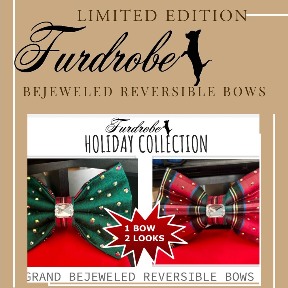 Furdrobe Reversible Silk Pet Bow with a stunning Swarovski center crystal.